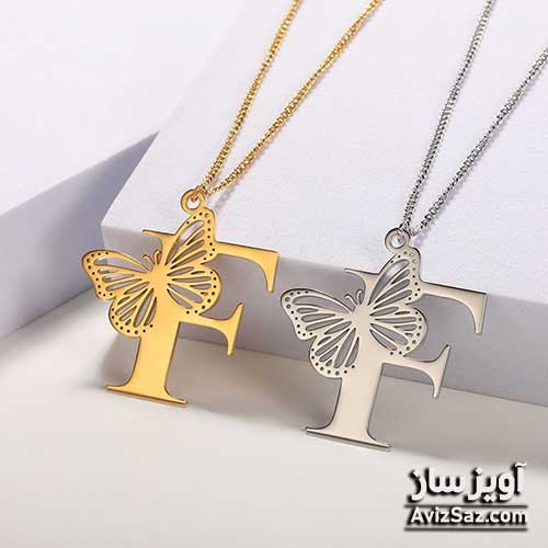 گردنبند حرف انگلیسی F با طرح پروانه کد 100645