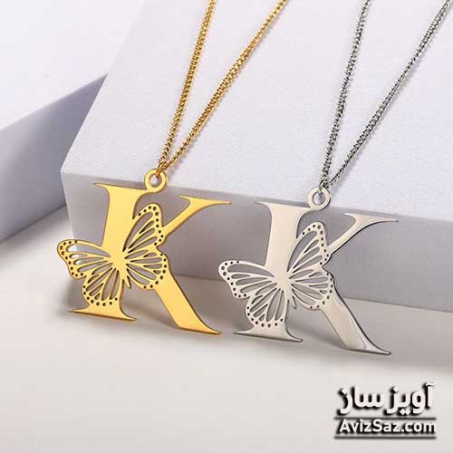 گردنبند حرف انگلیسی K با طرح پروانه کد 100728