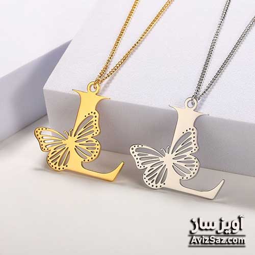 گردنبند حرف انگلیسی L با طرح پروانه کد 100739
