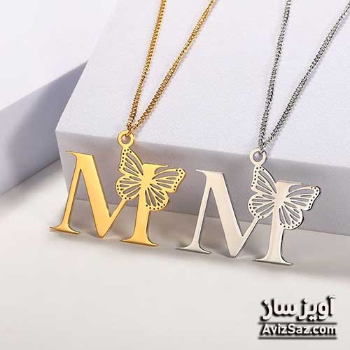 گردنبند حرف انگلیسی M با طرح پروانه کد 100750