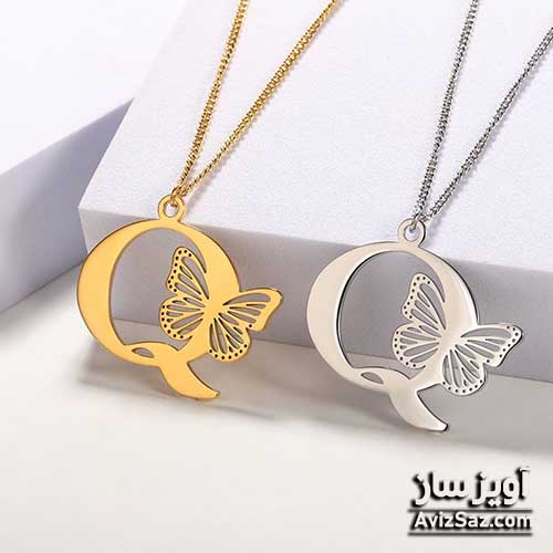 گردنبند حرف انگلیسی Q با طرح پروانه کد 100821