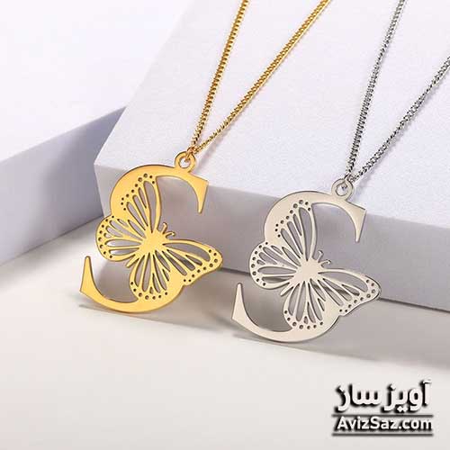 گردنبند حرف انگلیسی S با طرح پروانه کد 100830