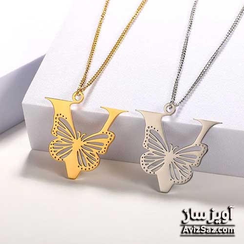 گردنبند حرف انگلیسی V با طرح پروانه کد 100880