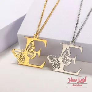 گردنبند حرف انگلیسی E با طرح پروانه کد 100638