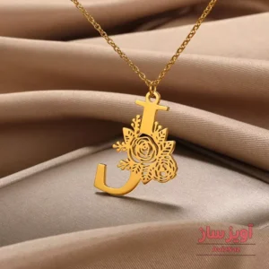 گردنبند حرف انگلیسی J با طرح گل رز کد 102259