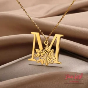 گردنبند حرف انگلیسی M طرح گل رز کد 102285
